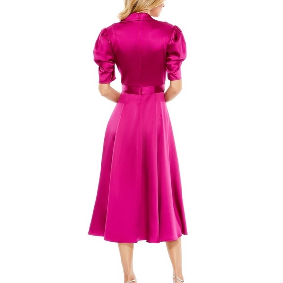 Mac Duggal NWT 26628 SATIN LAPEL PUFF SLEEVE TEA LENGTH DRESS - Picture 2 of 8